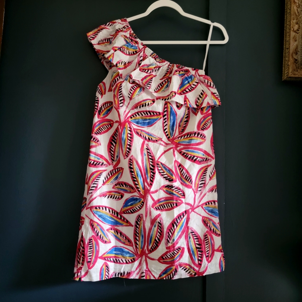 J.‎ Crew Pink Linen Cotton Bold Floral One Shoulder Ruffle Summer Mini Dress XS